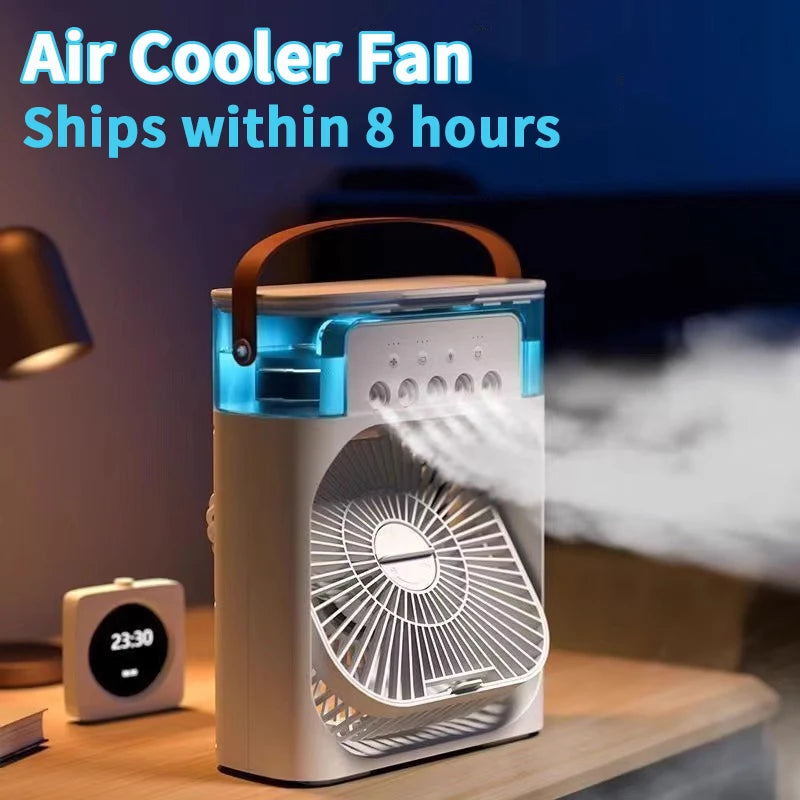 Portable air cooler fan on a table with text indicating.
